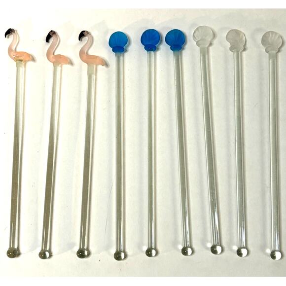 Set of 9 Hand Blown Glass Swizzle Sticks Cocktails Beach Flamingo Seashell Vntg - Picture 7 of 7